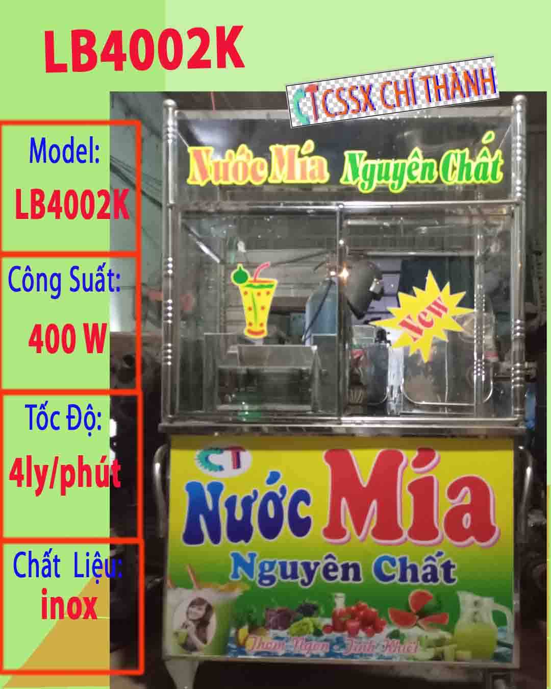 xe nước mía siêu sạch lb4002k mặt trước có kính xe nước mía siêu sạch lb4002k mặt trước
